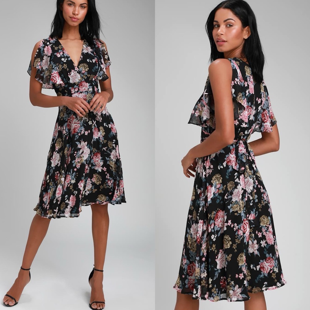 Lulus | Cherlyn Black Floral Print Midi Dress